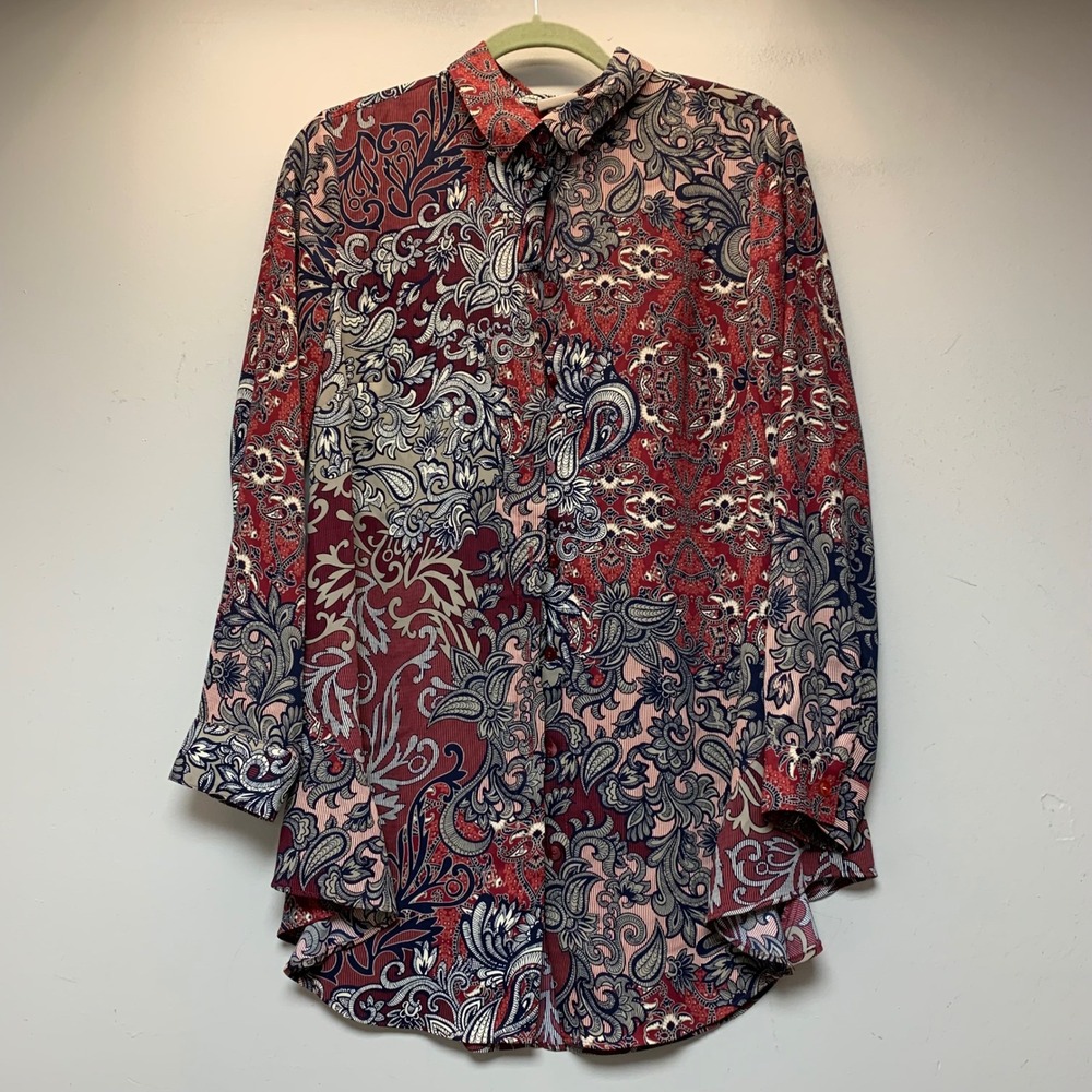 Chico's Button Down Tunic Women 1 Red Paisley Floral Long Sleeve Excellent 15339